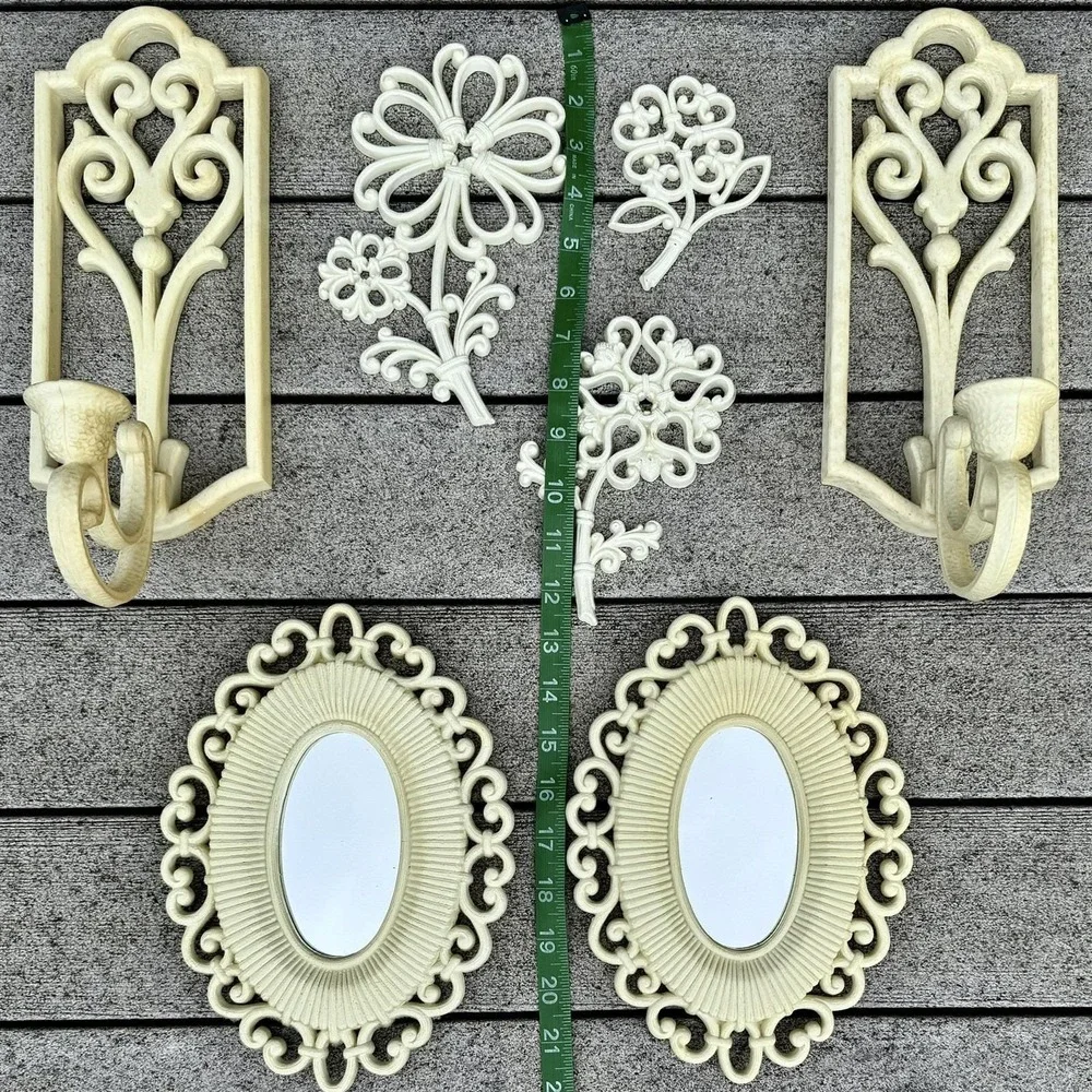 Cream Ornamental Wall Hook and Mirror Set - Decorative Floral Accents